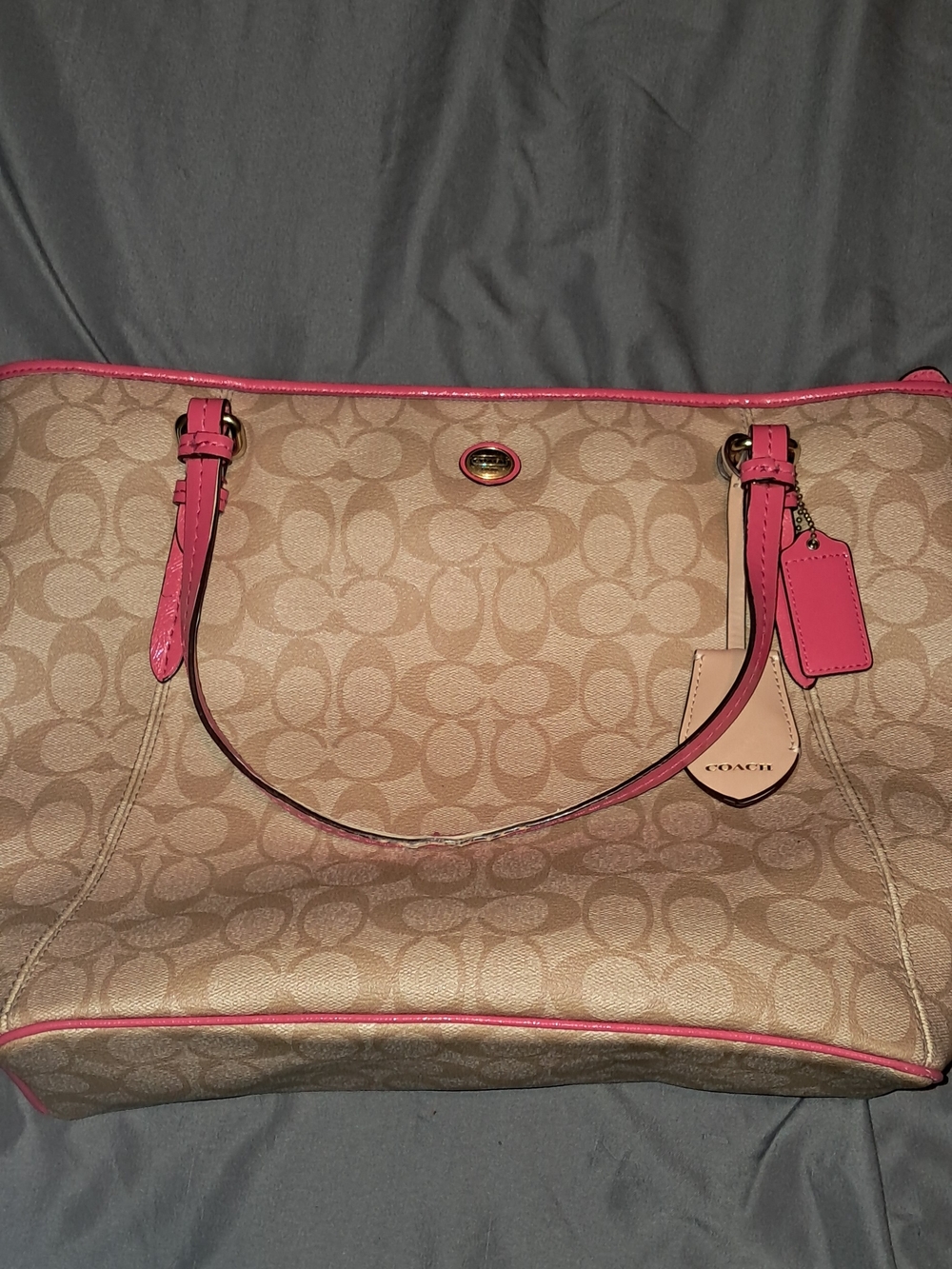 Coach Beige Signature Canvas Tote with Pink Trim
